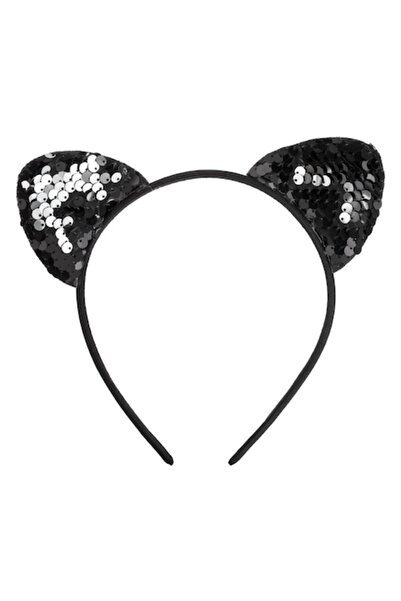 OEM Bentiță de păr negru cu urechi de pisică și paiete argintii pentru copii