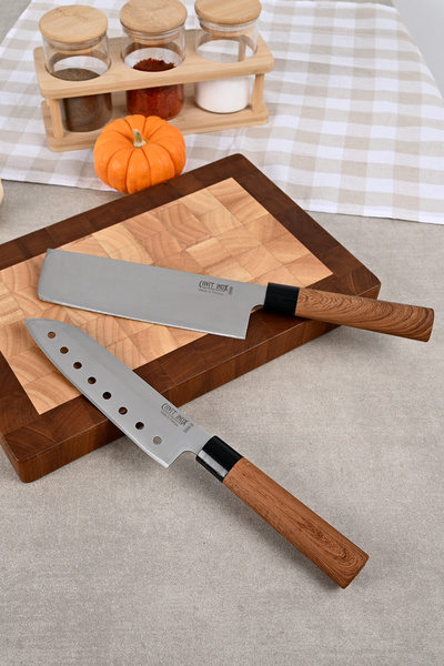 Cavit İnox ŞEF BIÇAĞI SETİ 2 PARÇA JAPON ESİNTİSİ SANTOKU VE NAKİRİ ŞEF BIÇAĞI