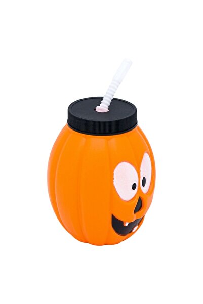 MYONNA IT & E- COMMERCE Plastic Halloween Cup, Pumpkin Design, Orange, 9x11 cm, With Straw