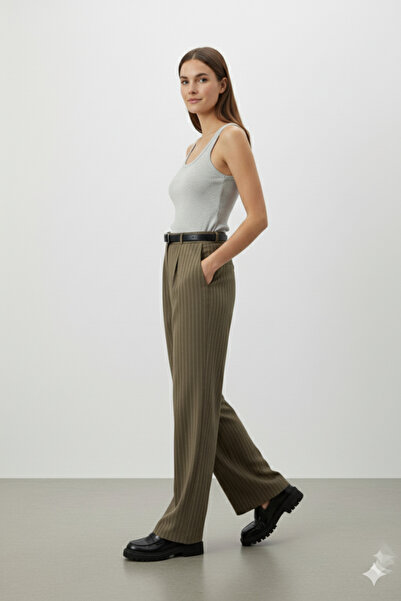 Günlük Moda Kadın Çizgili Paça Kemerli Palazzo Pantolon