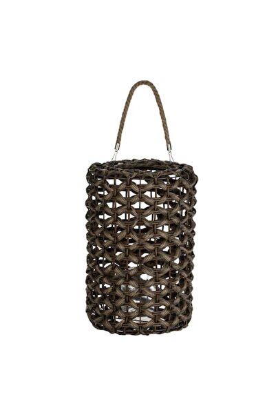 OEM Felinar decorativ din lemn maro Ø28x41cm cu mâner din frânghie