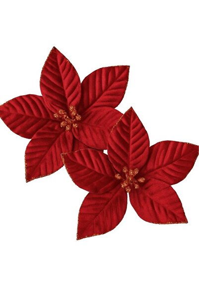 BeySüS Yılbaşı Ağacı Süsü Ponsetya Çiçek 2'li Set 18 cm Koyu Kırmızı