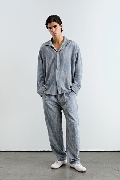 GIESTO Oversize Effect Velvet Blue Shirt