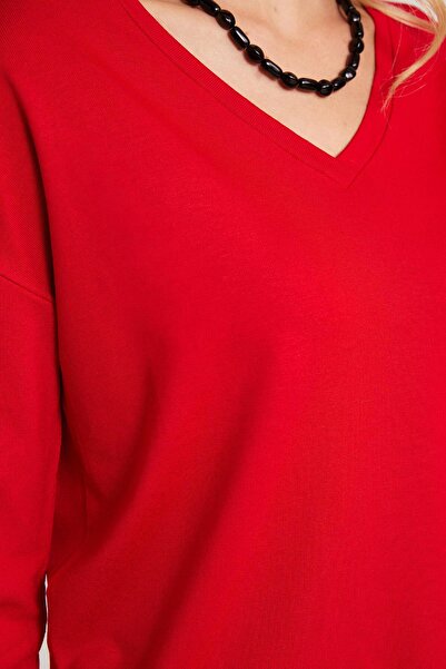 Tudors Women's Slim Fit Slim Fit Viscose Fabric V-Neck Red Blouse