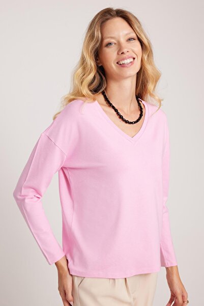 Tudors Women's Slim Fit Slim Fit Viscose Fabric V-Neck Pink Blouse