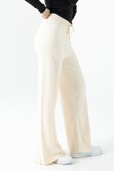 GİYSA Women's High Waist Knit Pants with Elastic Waist and Tie Detail Cream - 25K 2251