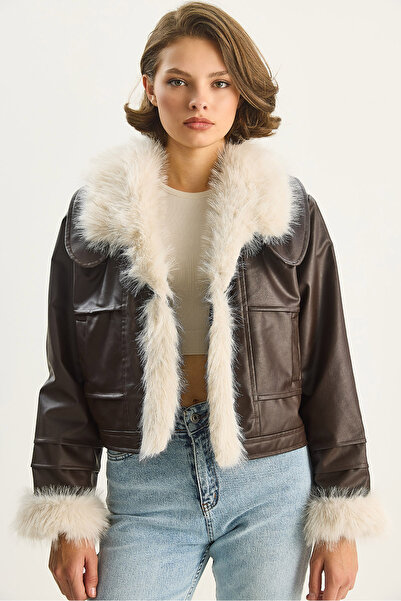 Bianco Lucci Kadın Yakası Ve Kolları Kürklü Suni Deri Ceket 2760 60261576