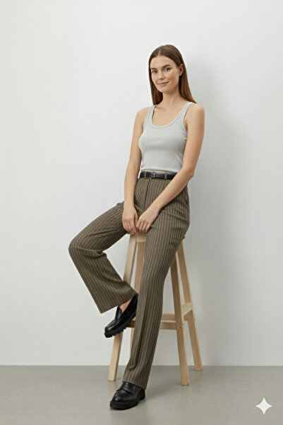 Günlük Moda Kadın Çizgili Paça Kemerli Palazzo Pantolon