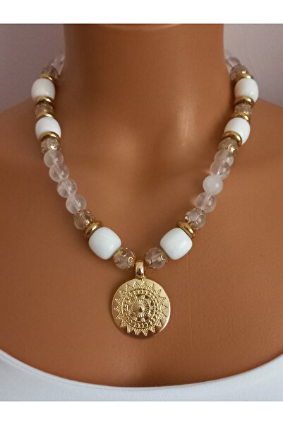 LemaStone Doğal taş kolye ; ve kristal kuvars taşı ile pirinç üzerine altın k...