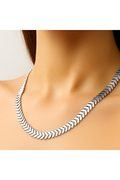 Hmd Silver Color Fishbone Unisex Steel Necklace