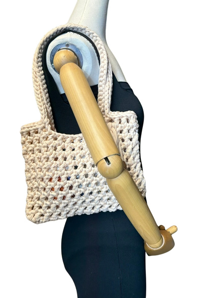 Uretti - Emine 9106 Hand Knitted Combed Cotton Fabric Shoulder Bag with Woode...