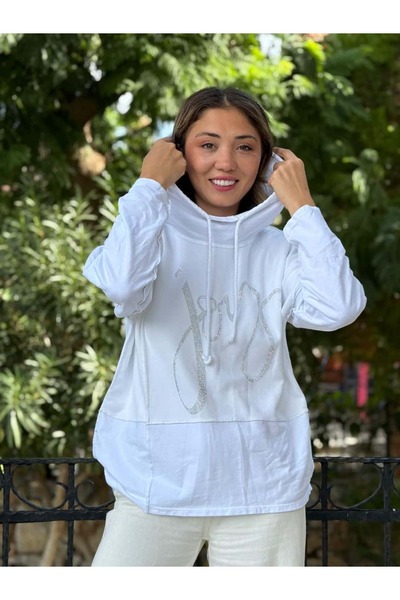 Punta Otantik NC8533C Ιταλικό φούτερ με κουκούλα από βαμβακερό ύφασμα με πέτρες, λευκό