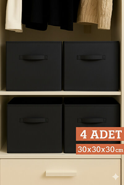 PH Prendi Home 4’lü Siyah Kumaş Dolap İçi Düzenleyici Kutu - 30x30x30 cm Katlanabilir Çok Amaçlı Saklama Kutusu