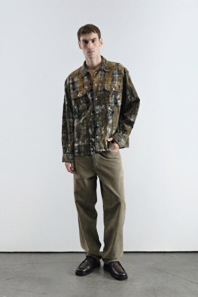 GIESTO قميص بني منقوش ذو ملمس مميز