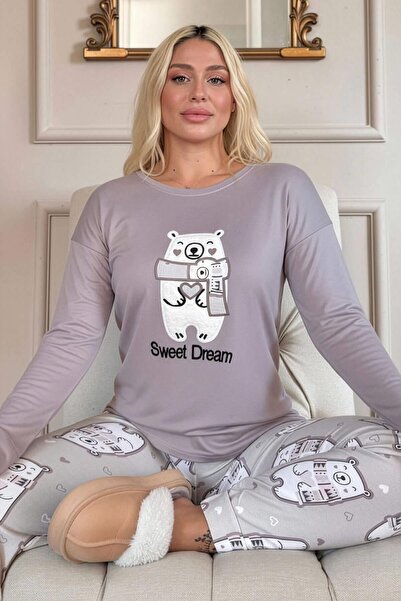 Pijamaevi Lila Sweet Dream Desenli Termal Kadın Pijama Takımı