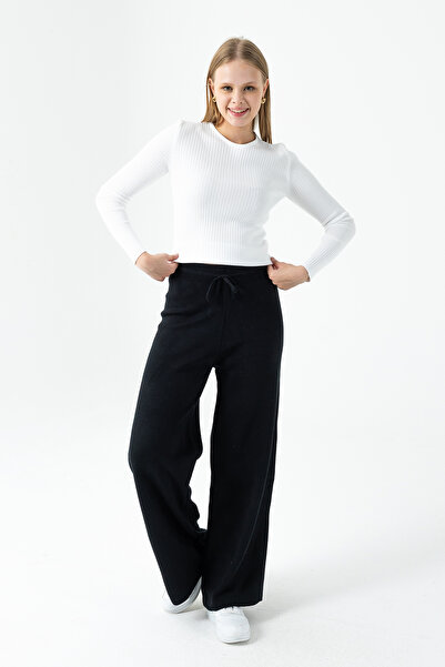GİYSA Women's Elastic Waist Tie Detail High Waist Knitwear Trousers Black - 2...
