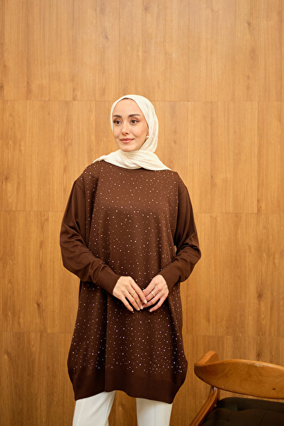 LOCCO Kadın Taş Detay Triko Tunik Kahverengi