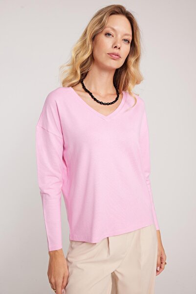 Tudors Women's Slim Fit Slim Fit Viscose Fabric V-Neck Pink Blouse