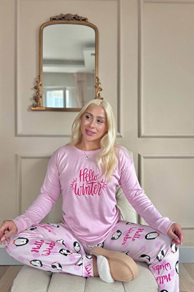 Pijamaevi Pink Penguin Winter Patterned Thermal Women's Pajama Set