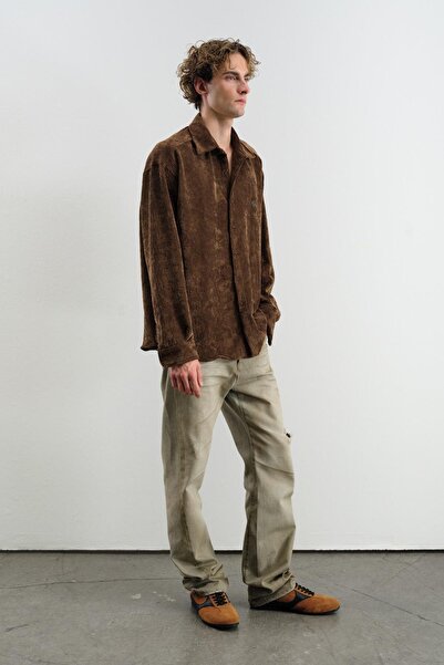 GIESTO Oversize Dropped Shoulder Velvet Brown Shirt