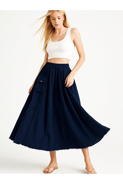 Hanımefendi Butik İtalyan Kadife Cepli Etek - LACİVERT