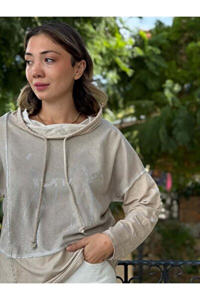 Punta Otantik NC8533C İtalyan Joy Taşlı Kapüşonlu Coton Sweatshirt Krem