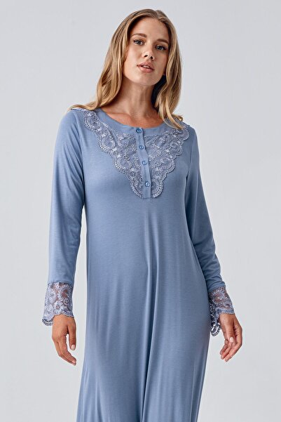 Artış Long Sleeve Lace Buttoned Stretchy Viscous Nightgown