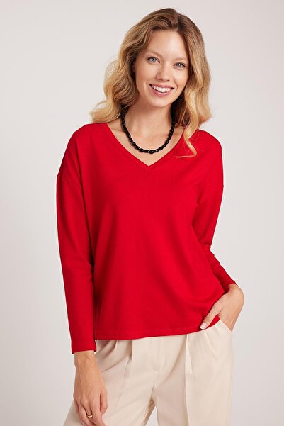 Tudors Women's Slim Fit Slim Fit Viscose Fabric V-Neck Red Blouse