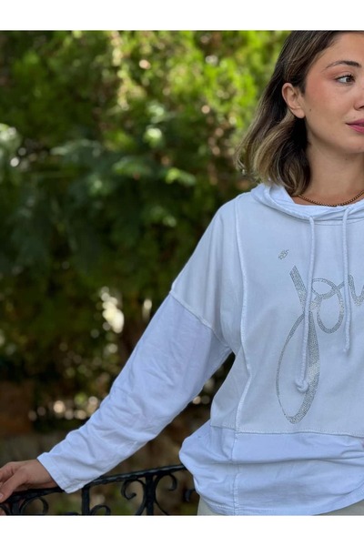 Punta Otantik NC8533C Ιταλικό φούτερ με κουκούλα από βαμβακερό ύφασμα με πέτρες, λευκό