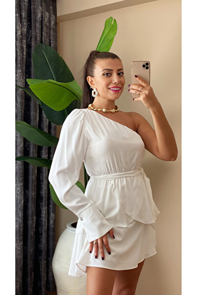 TUĞBALİ Kadın Tek Kol Saten Kuşaklı Kloş Elbise