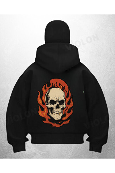 Violon Hanorac cardigan cu imprimeu Skull Flame, negru, cu mască de zăpadă Sa...