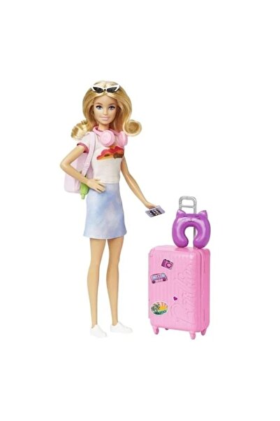 Barbie Păpușă de călătorie cu 10 accesorii, 3+ ani, 21,5x5,5x32,5 cm, roz