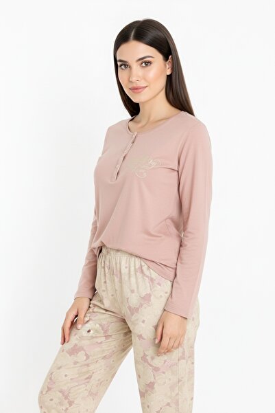 Bravie Set de pijamale lungi din viscoză Elite cu șase flori și text în partea de sus, pudră 3564