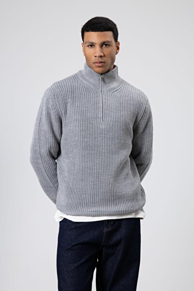 VAMOSCLO Zippered Knitted Sweater Gray Melange