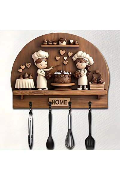 TuraLazerKesim 2D Düz, Çok Amaçlı Ahşap Anahtarlık, Dört Metal Kancalı, Duvar...