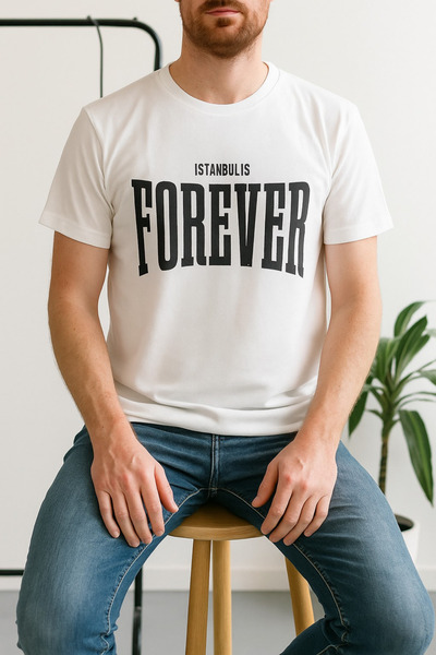 RANDOM Erkek Beyaz İstanbul's Forever Yazı Baskılı Bisiklet Yaka Tişört