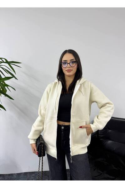 SHEZAN MODA Women's Zippered White Sweatshirt Jacket with Hooded Kangaroo Poc...