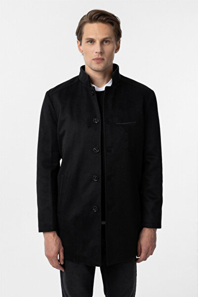 SÜVARİ Ανδρικό παλτό με φαρδιά εφαρμογή με γιακά δικαστή, μονόχρωμο μαύρο