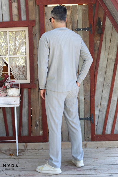 Nyda Collections Men's Corduroy Striped Regular Long Sleeve Sweatshirt with Pockets Elastic Waist Lace-Up Pants Set