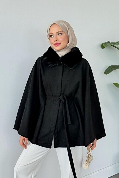 Hazamoda Poncho cu guler de blană negru