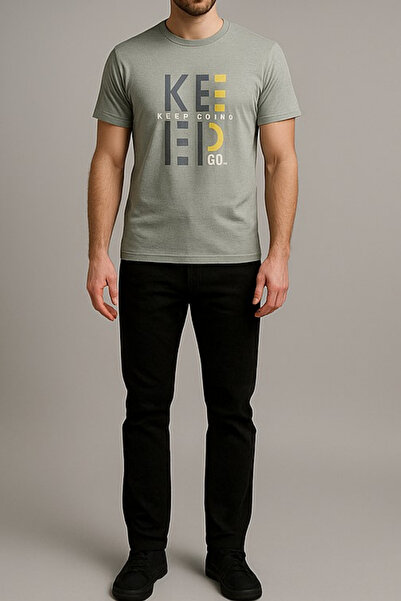 RANDOM Unisex Haki Bisiklet Yaka Baskılı Tişört