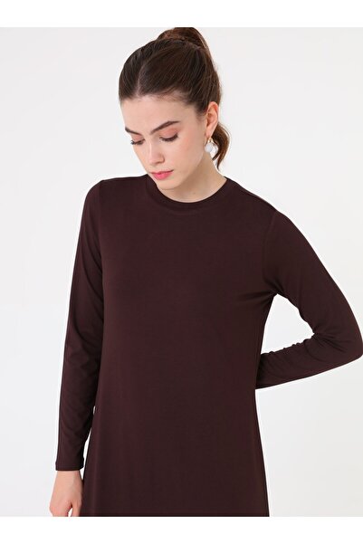 Benin Viskon Kumaşlı Yumuşak Tuşeli Basic Örme Tesettür Elbise - Kahverengi -