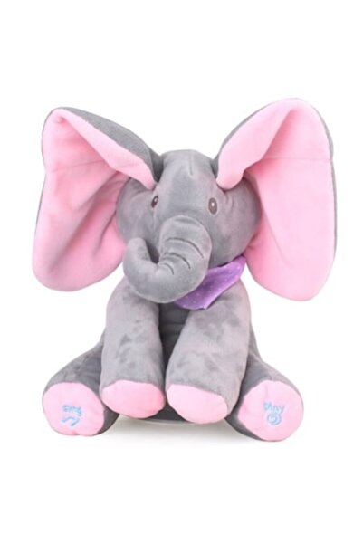 OEM Jucărie interactivă elefant, Peek-a-Boo, cântă și vorbește, 30x15 cm, gri/roz