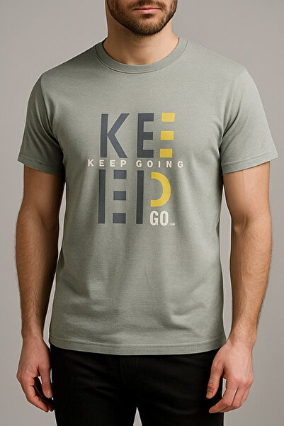 RANDOM Unisex Haki Bisiklet Yaka Baskılı Tişört