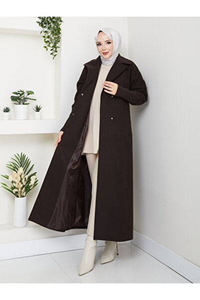 SG SARİALGİYİM New Season Style Full-Length Quality Sleeves Knitwear Detail Double-Breasted Collar with Belt Lining Cashemere Coat