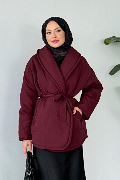 Hazamoda Plain Belted Puffer Coat Burgundy