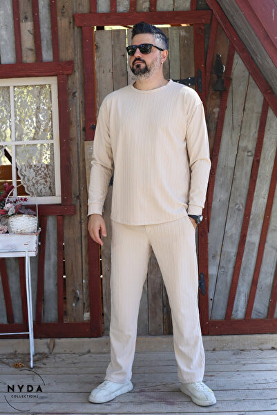 Nyda Collections Men's Corduroy Striped Regular Long Sleeve Sweatshirt with Pockets Elastic Waist Lace-Up Pants Set