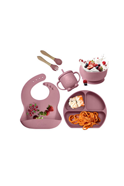 Ælements Set de hrănire pentru bebeluși cu 6 elemente, silicon fără BPA, roz