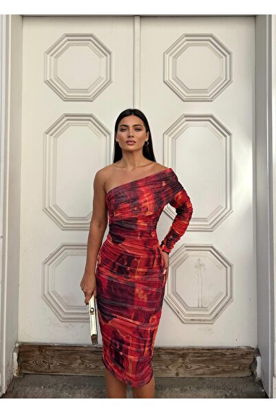 WOWBUTİK Βραδινό φόρεμα με μονό μανίκι από τούλι με επένδυση από τούλι με μοτίβο λύκρα 583326 ΚΟΚΚΙΝΟ