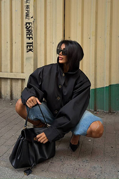 NET OF NOT Siyah Pile Detaylı Vatkalı Viral Kısa Trençkot